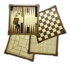 5 in 1 walnut stained 13 1/2" board and 3 1/8" King. Chess, Checkers, Backgammon, Solitaire and Nine Men's Morris (mill).