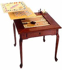 Game Table - 6 in 1 game table, Monopoly, Scrable, Chess, Checkers, Backgammon and wood top. Includes game pieces.