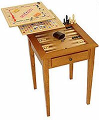 Oak End Table - 6 in 1 game table, Monopoly, Scrable, Chess, Checkers, Backgammon and wood top. Includes game pieces.